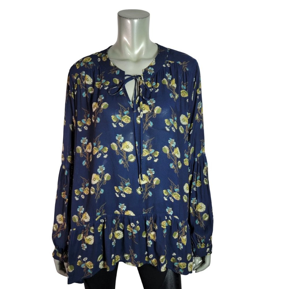 Falls Creek Top Plus Size 2X High‎ Low Semi Sheer Tie Neck Pleated Floral Blue